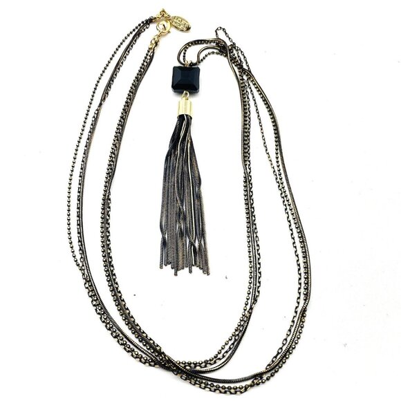 Long Layered Chain Necklace Black Beads Brass Tone Tassel Signed LOFT OUTLET - Picture 2 of 8